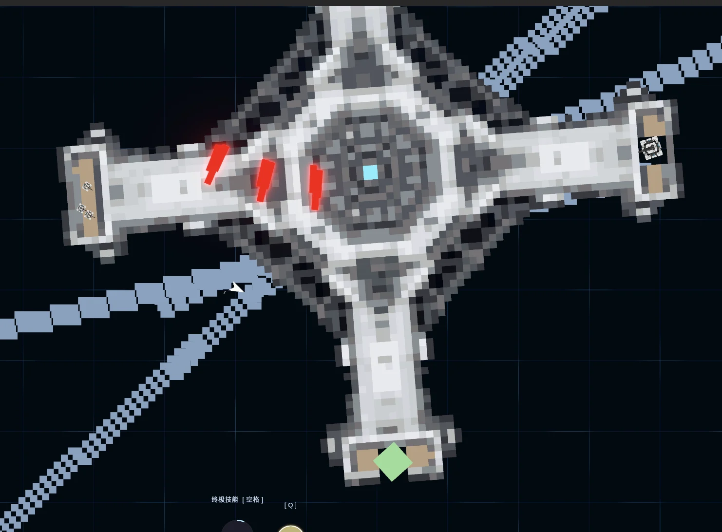CubeWar 敌舰结构概念图，展示嵌套模块和红色核心区域